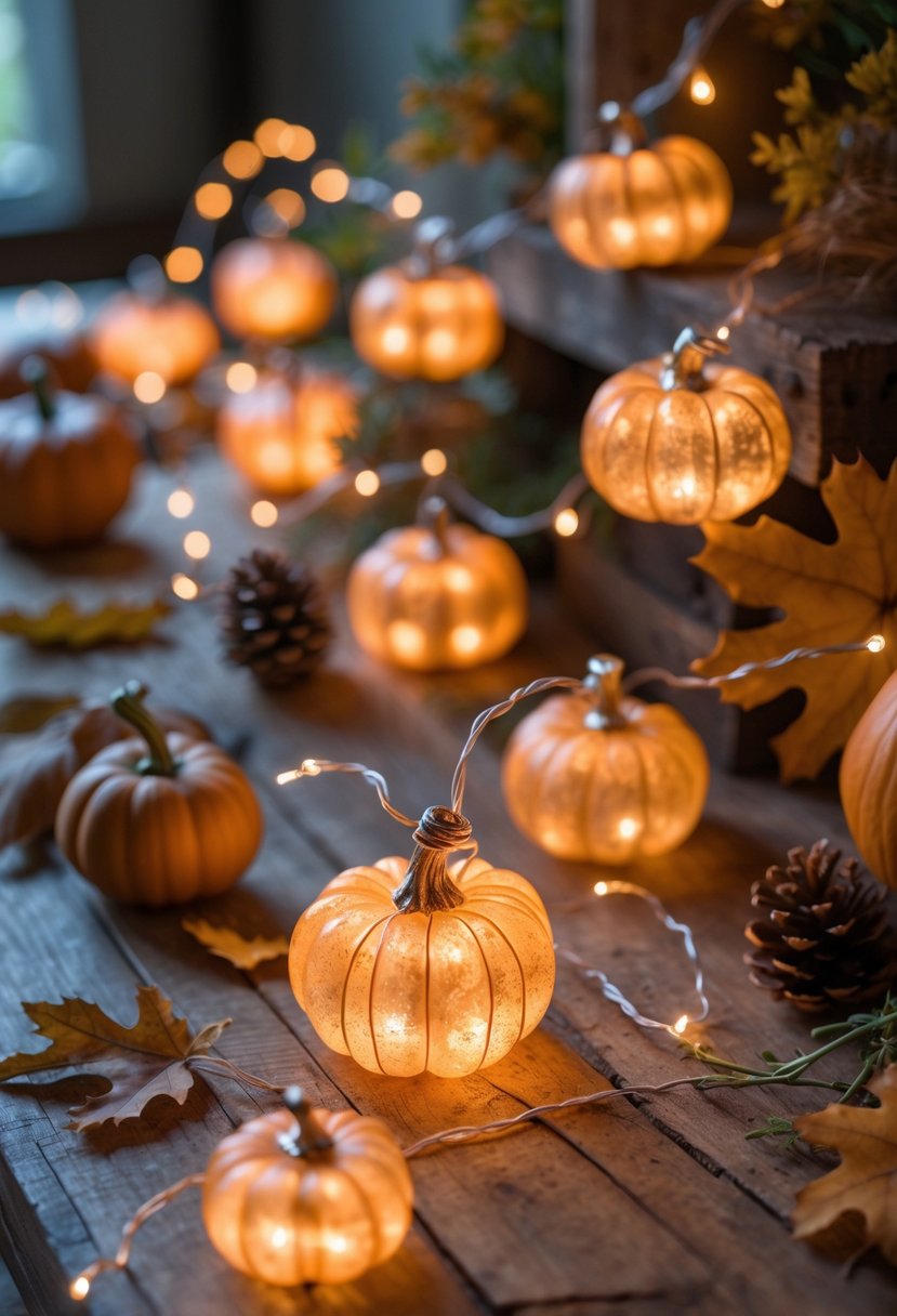 A rustic wooden table decorated with glowing copper wire pumpkin fairy lights and small autumn decorations like pumpkins and leaves.