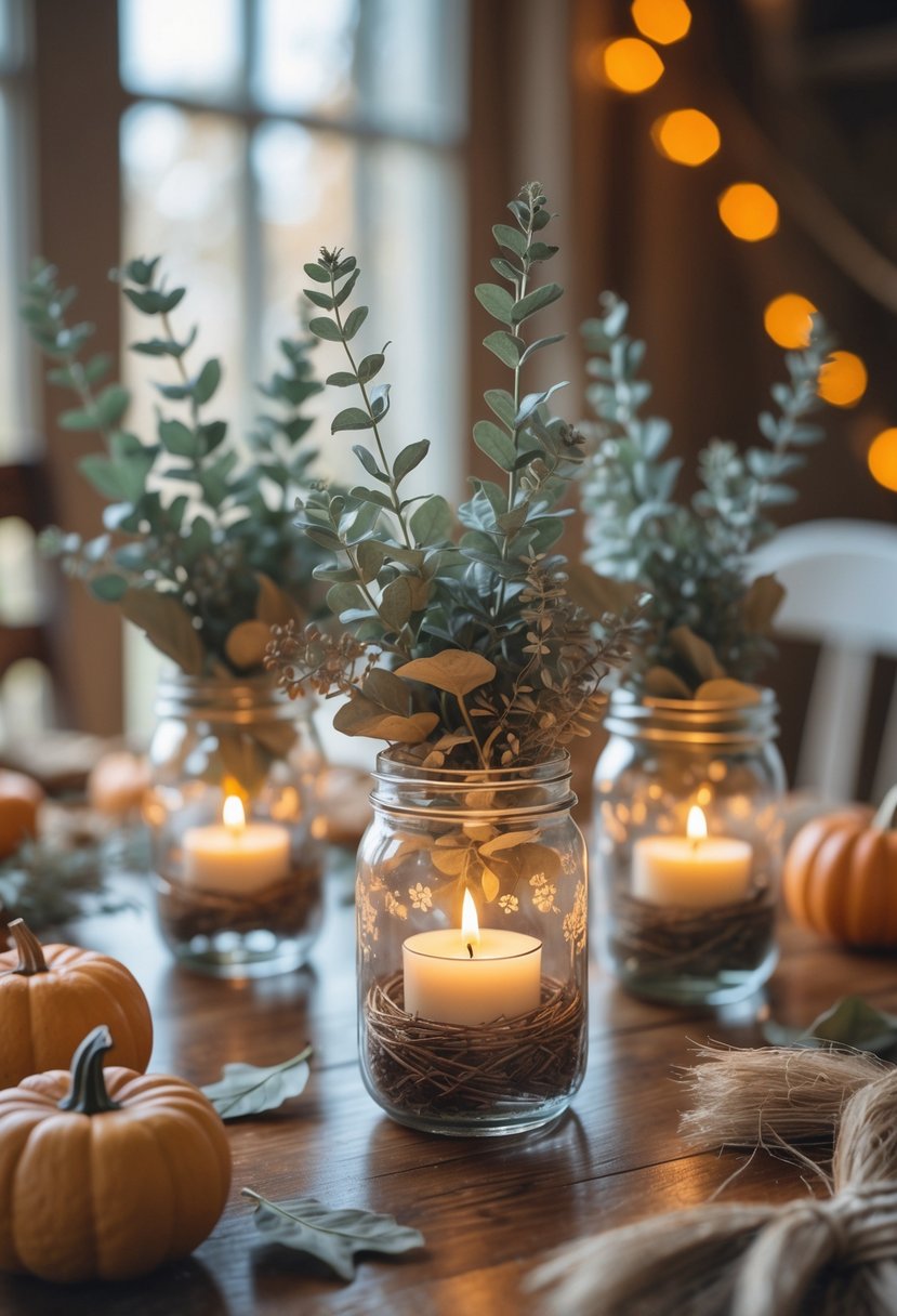 Mason jar candle holders with dried eucalyptus arranged on a wooden table with small pumpkins and autumn leaves.