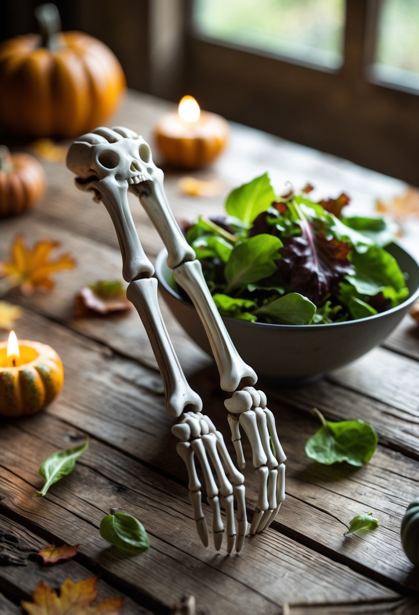 Skeleton hand salad tongs holding salad on a rustic wooden table with Halloween decorations.