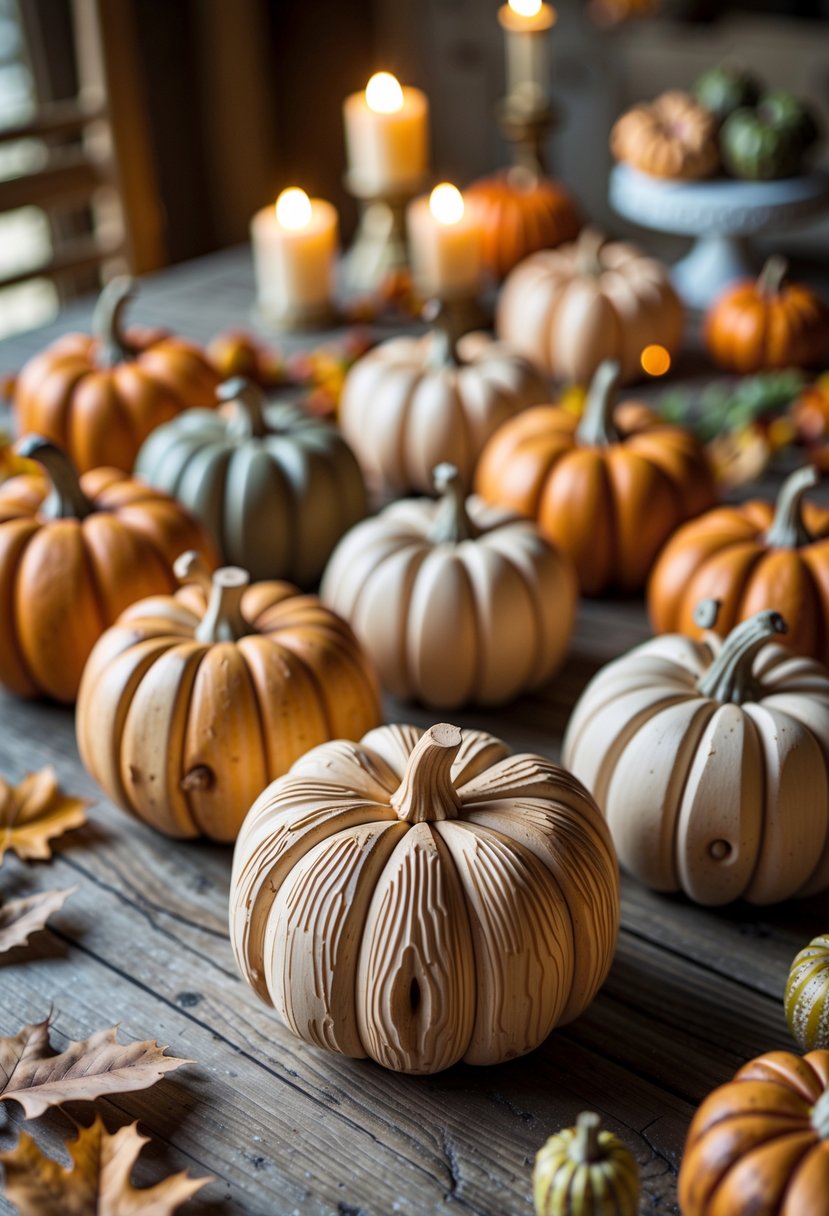 Fifteen carved wooden pumpkin place card holders arranged on a rustic wooden table with autumn decorations.