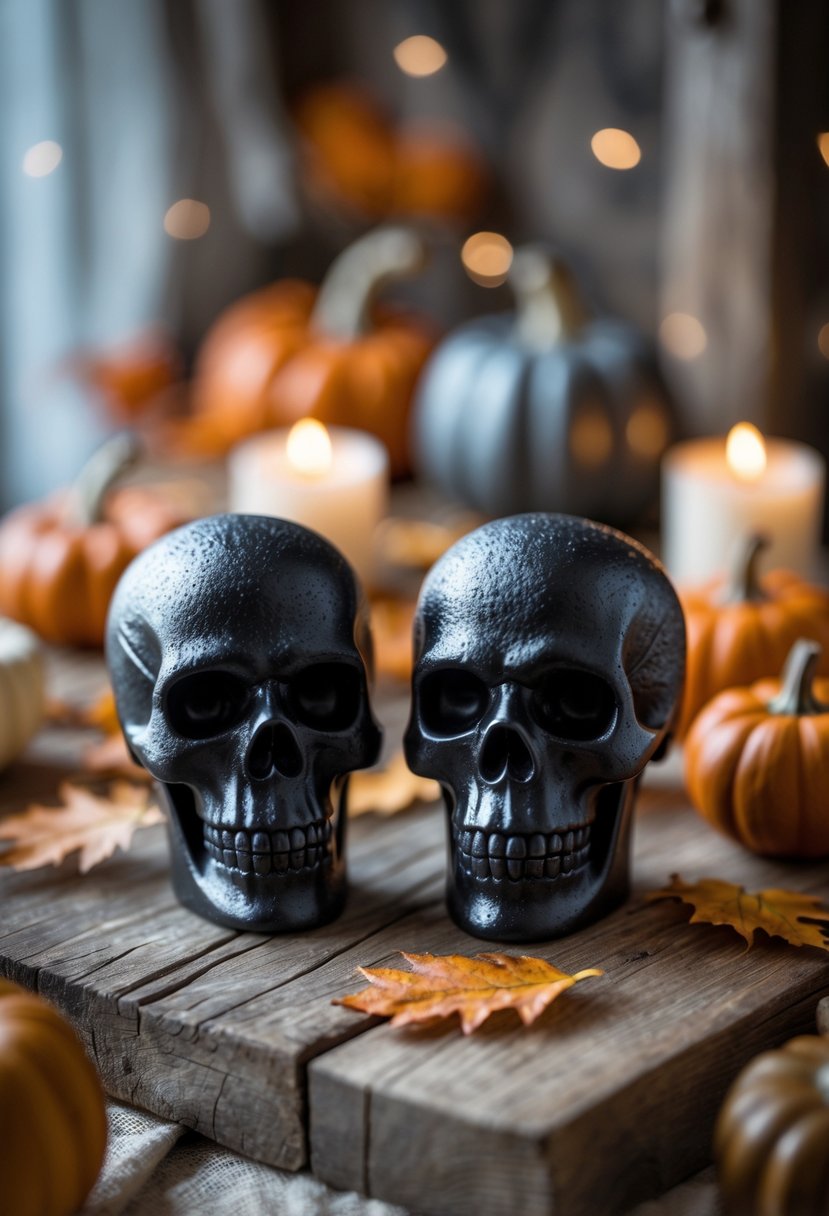 Black skull-shaped salt and pepper shakers on a wooden table with autumn decorations and soft candlelight.