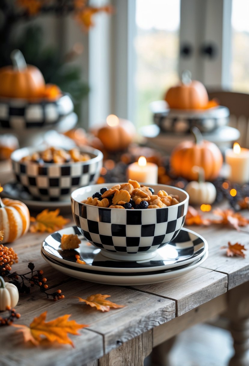 Ceramic checkerboard serving bowls on a farmhouse wooden table decorated with small pumpkins and autumn leaves for Halloween.