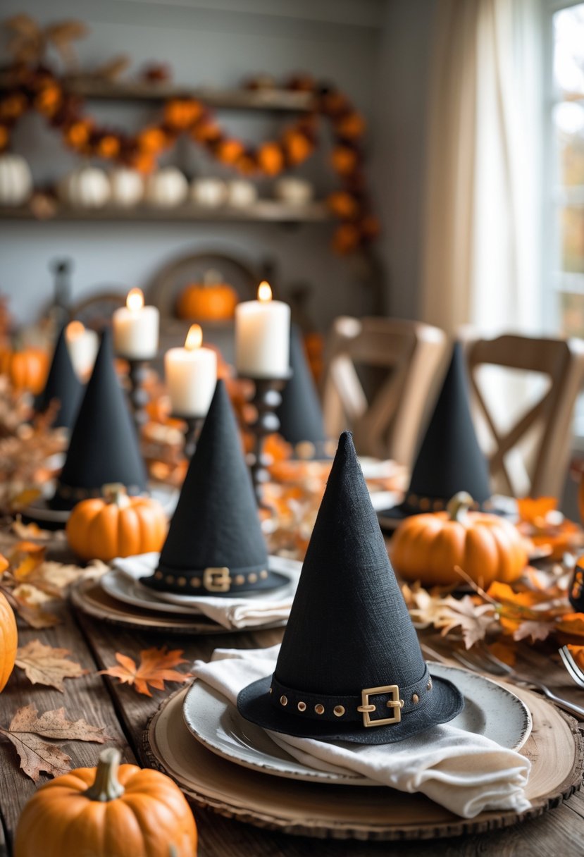 A farmhouse dining table set with 15 witch hat napkin rings holding cloth napkins, surrounded by pumpkins and autumn decorations.
