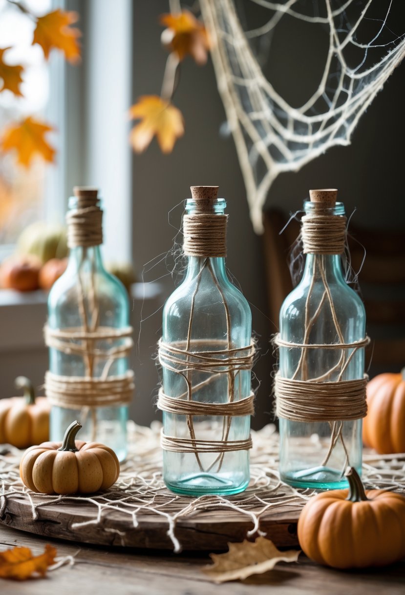 Glass bottles wrapped in natural twine with fake cobwebs on a wooden table decorated for Halloween.