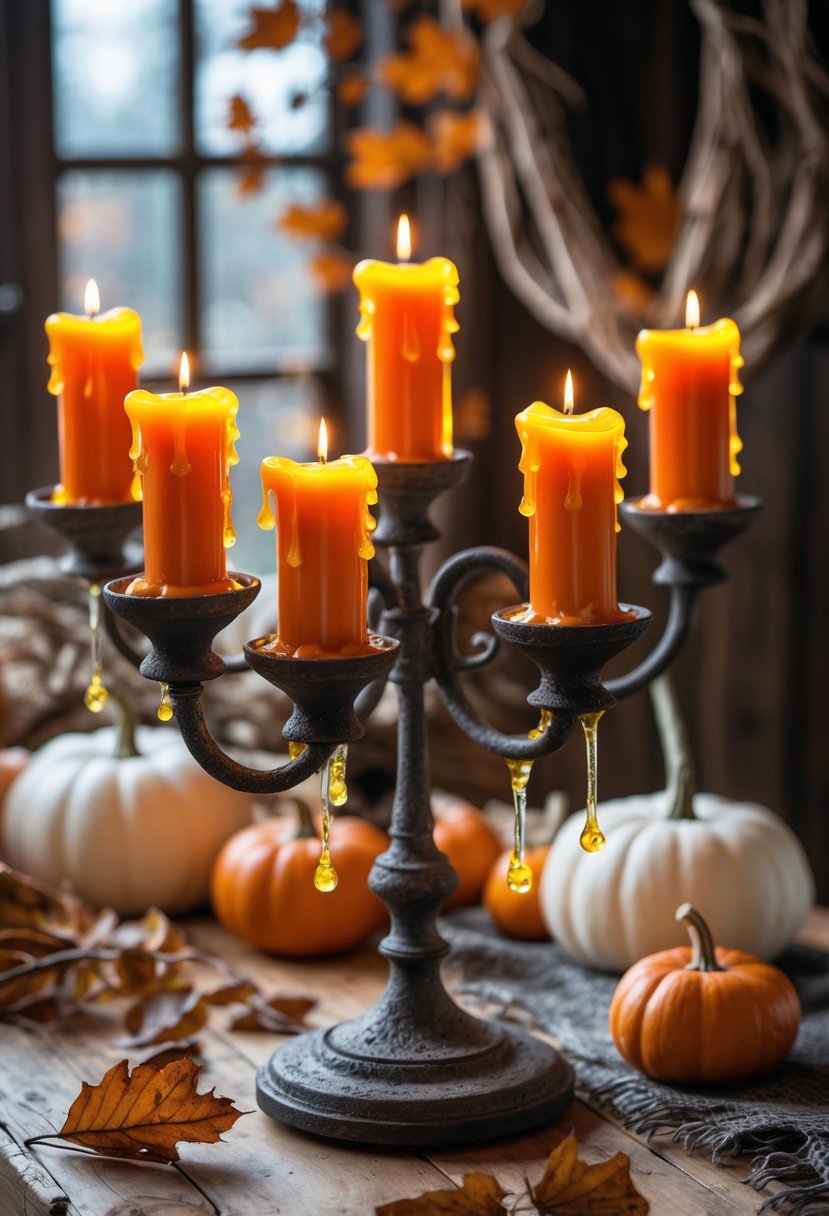 Rustic iron candelabra with orange candles dripping wax on a farmhouse table decorated for Halloween.