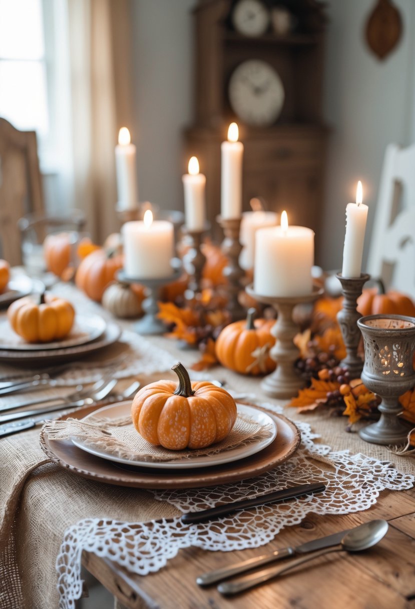 A table set with burlap and lace placemats decorated with pumpkins, dried leaves, and candles for Halloween.