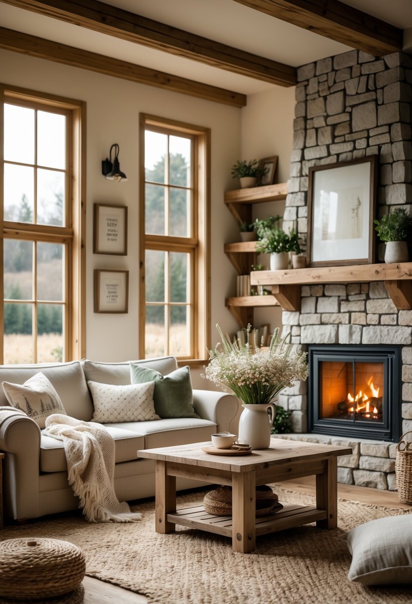 A cozy farmhouse living room with a sofa, wooden coffee table, stone fireplace, and warm natural light.