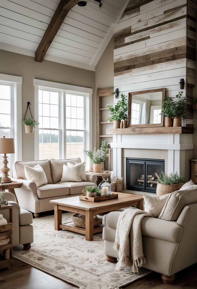 A cozy living room with wooden accent walls, comfortable seating, a fireplace, and natural light.