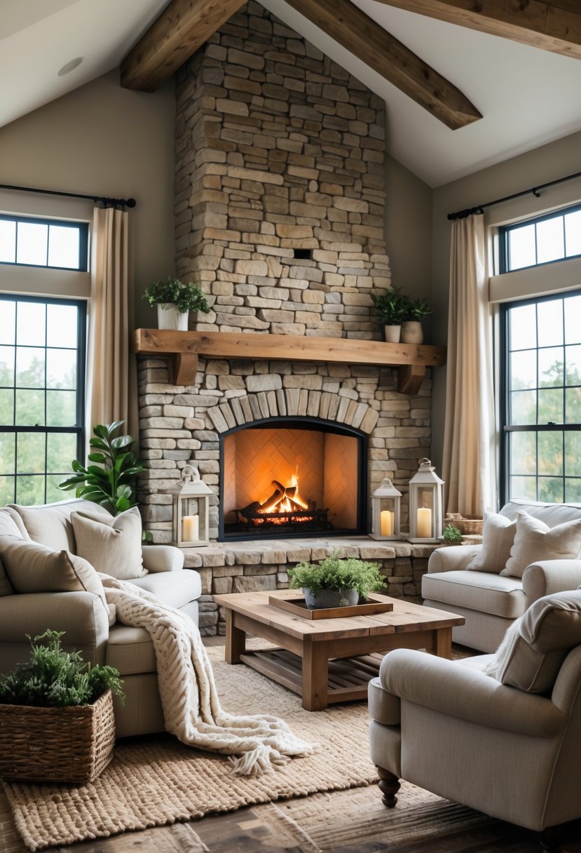A cozy living room with a central stone fireplace, comfortable seating, wooden beams, and natural light.
