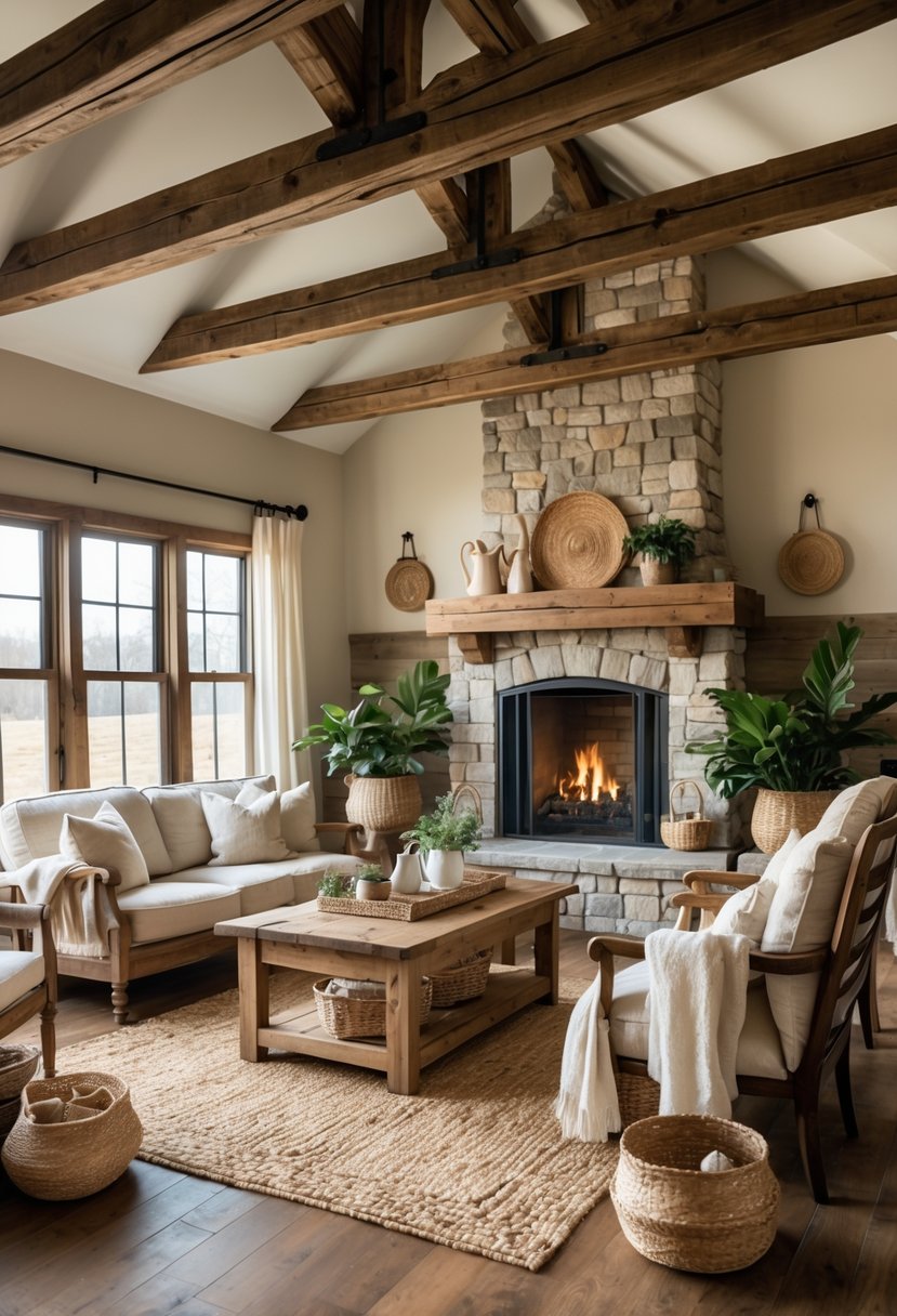 A cozy living room with exposed wooden ceiling beams, a stone fireplace, comfortable seating, and warm natural lighting.