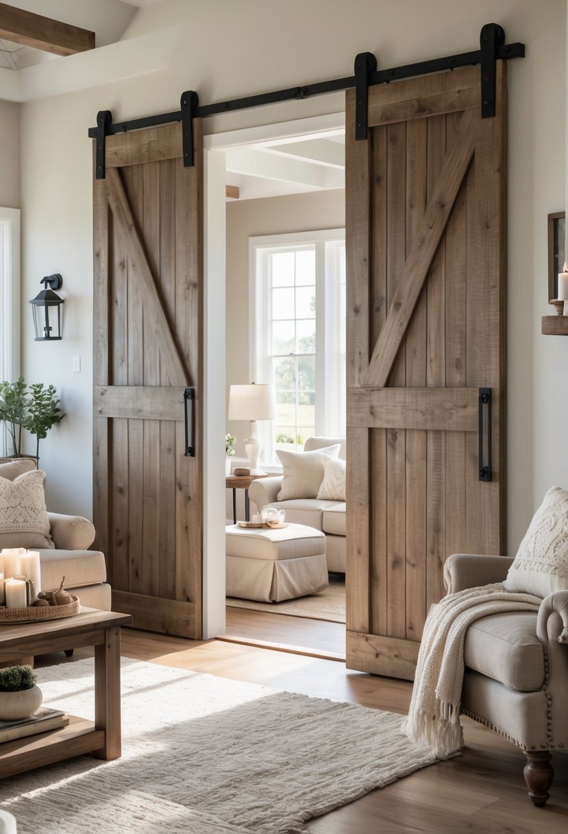 Cozy living room with wooden sliding barn doors partially open, showing comfortable seating and warm natural light.