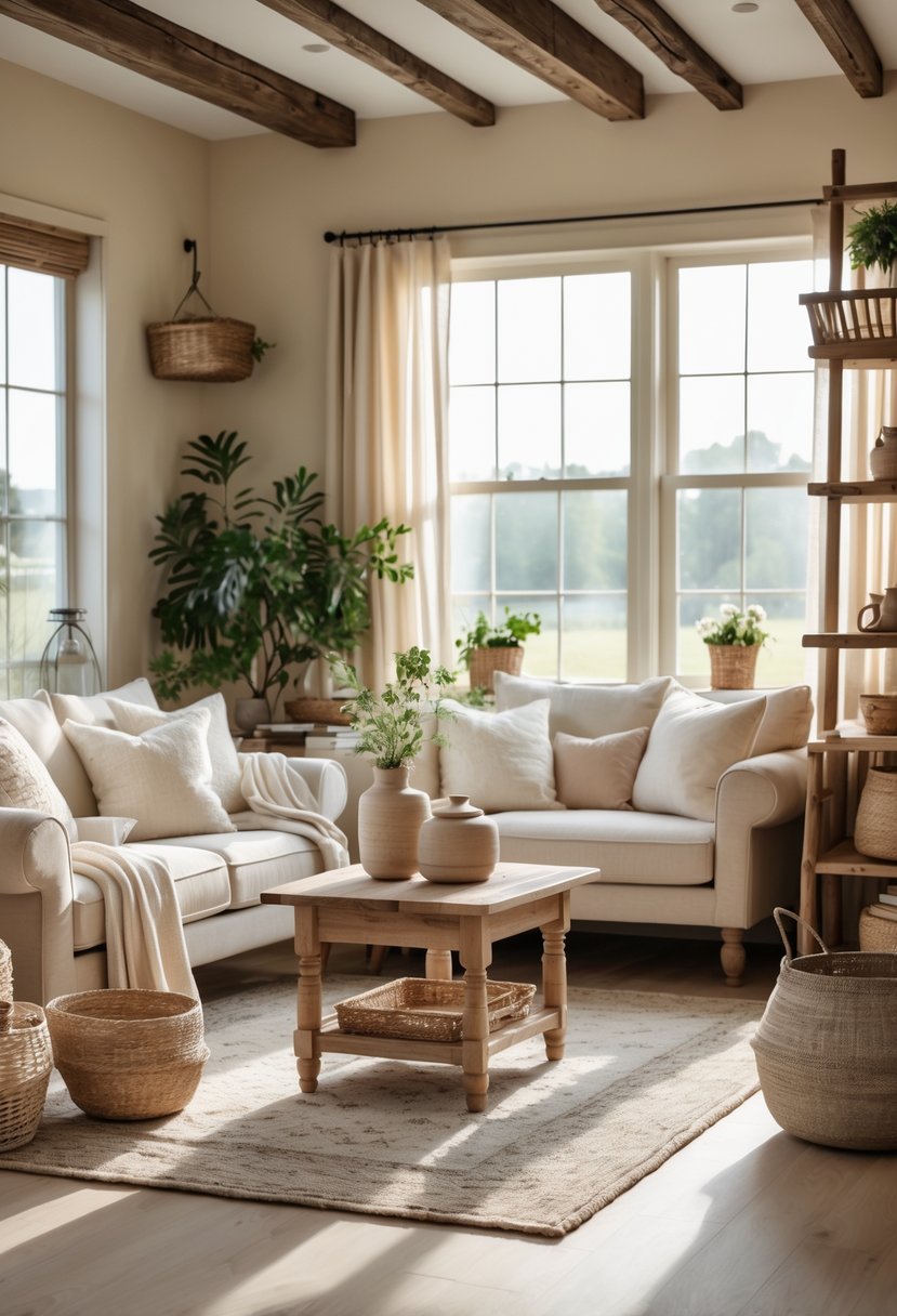 A cozy living room with cream and beige tones, wooden furniture, soft cushions, and natural light coming through windows.
