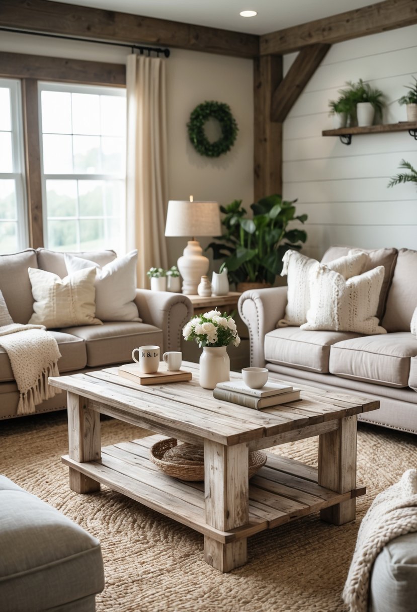 A cozy living room with weathered wood coffee tables surrounded by comfortable seating and warm natural light.
