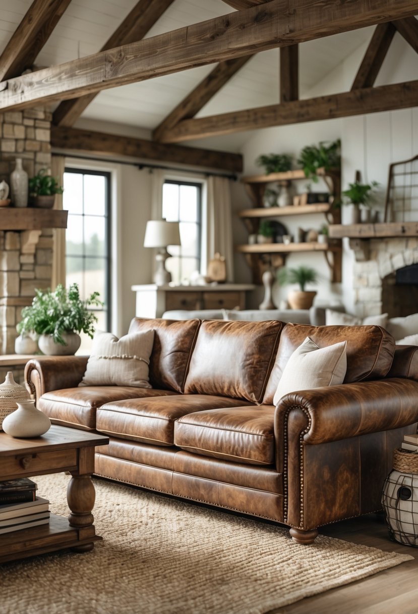 A cozy living room with distressed leather sofas, a wooden coffee table, and a stone fireplace.
