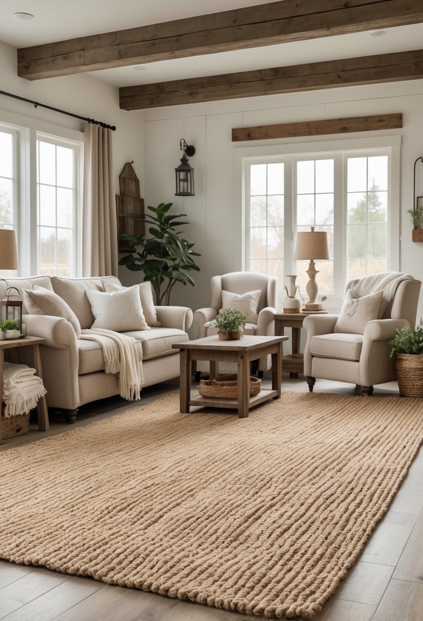 A cozy living room with woven jute or sisal rugs on the floor, comfortable seating, wooden furniture, and natural light coming through windows.