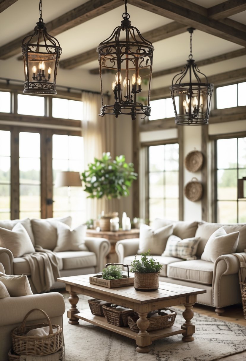 A cozy living room with wrought iron lighting fixtures, comfortable seating, and wooden furniture.