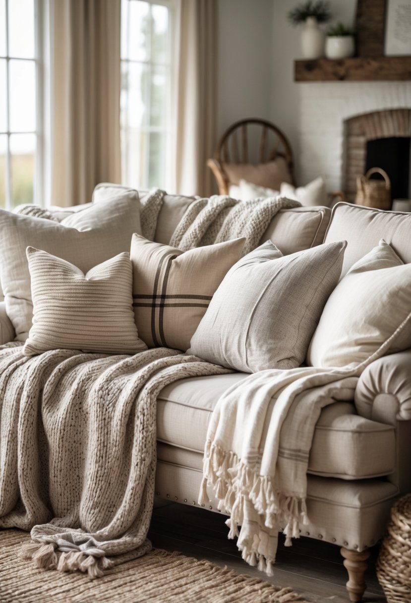 A cozy living room with a sofa covered in knitted throws and linen cushions, illuminated by natural light.