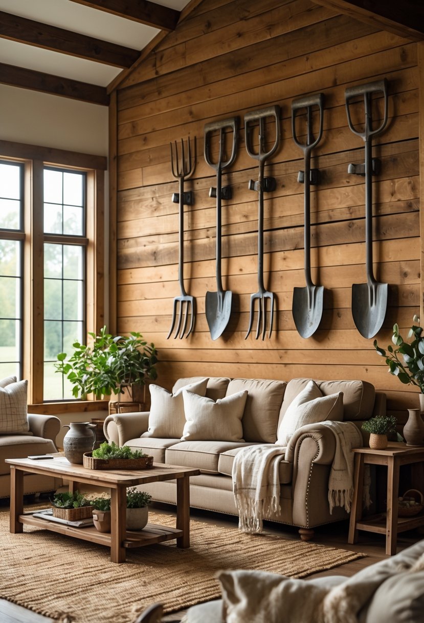 A cozy living room with rustic metal farm tools displayed on a wooden wall and comfortable seating.