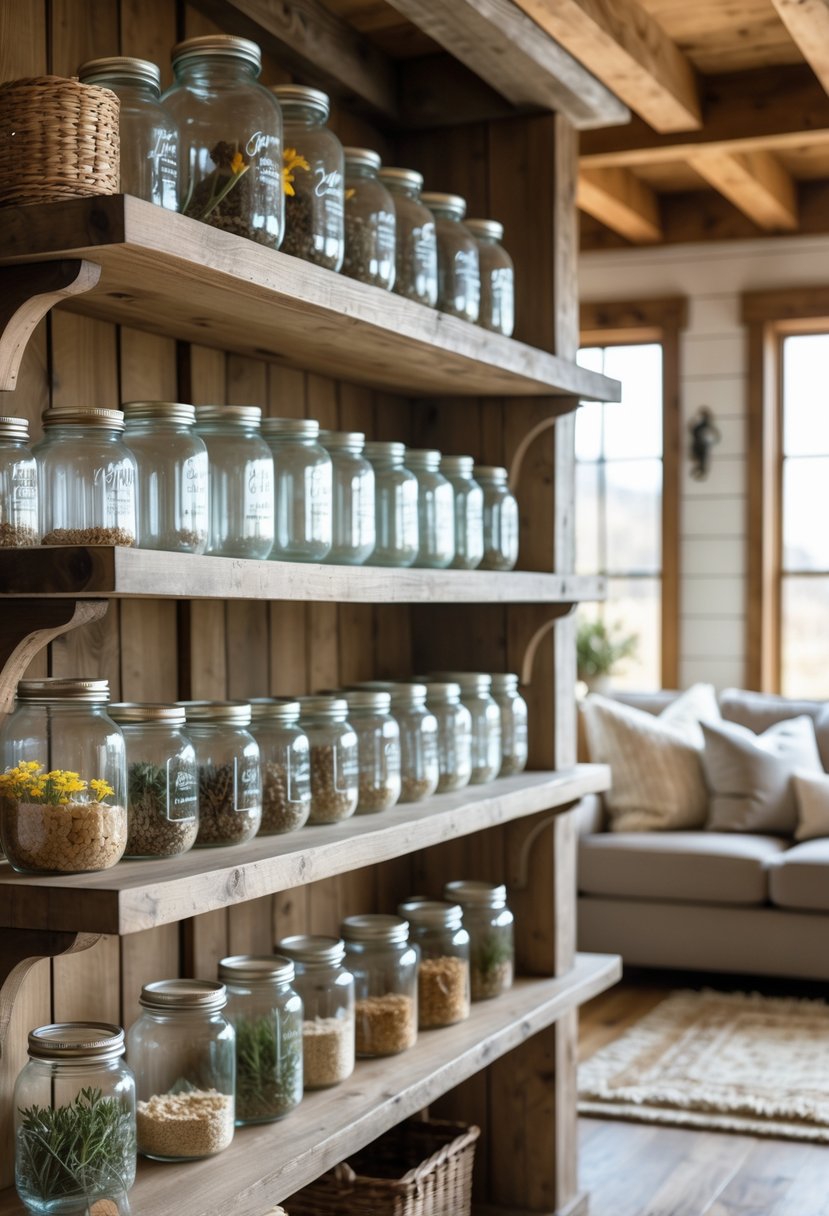 A cozy living room with open wooden shelves displaying mason jars and warm natural light.
