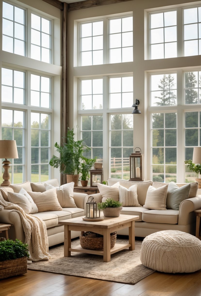 A bright living room with large windows letting in natural light, featuring comfortable seating and warm wooden floors.