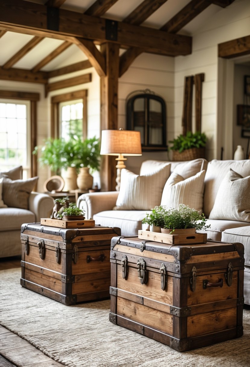 A cozy living room with antique wooden trunks used as side tables next to a sofa and decorated with plants and soft furnishings.