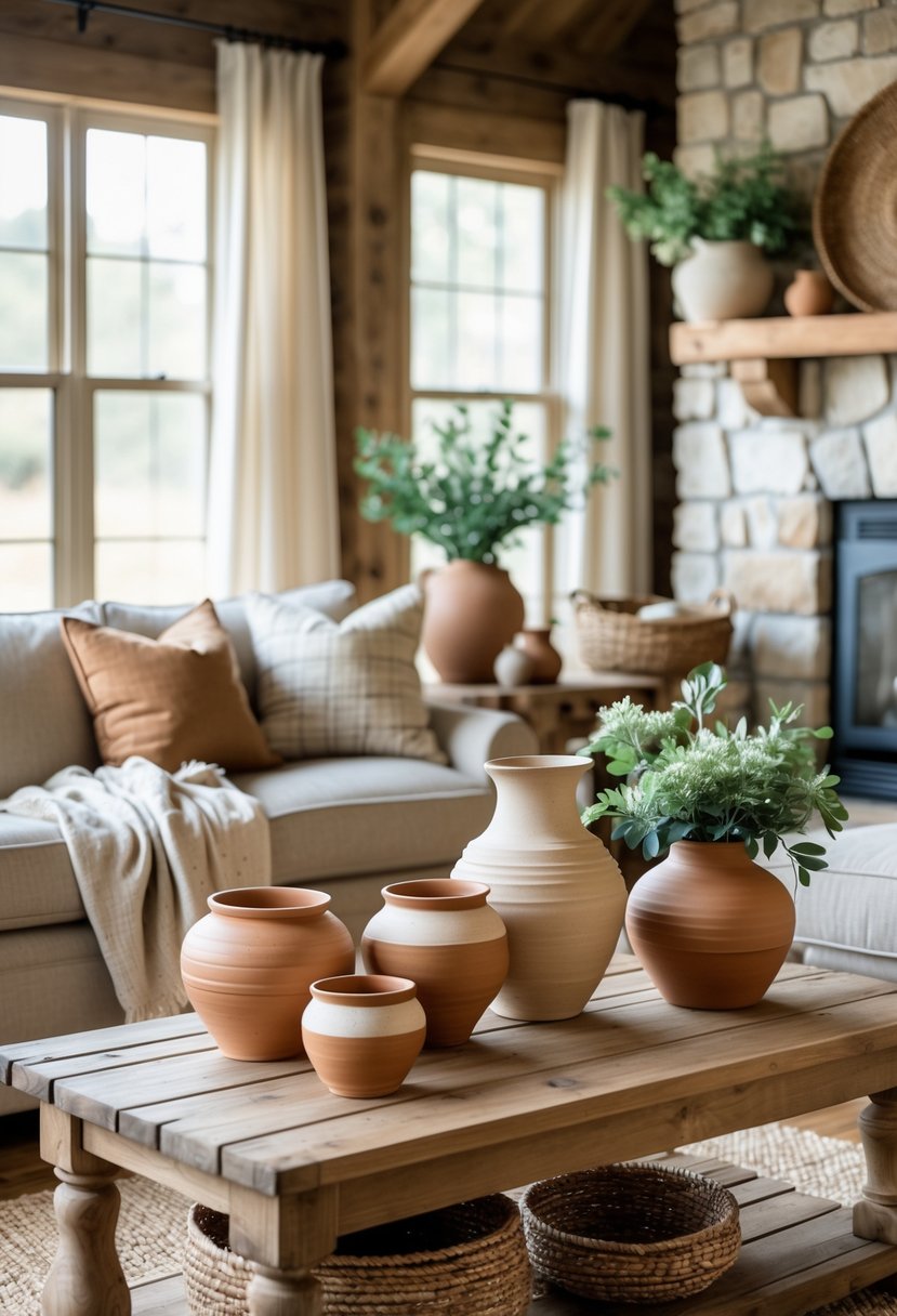 A cozy living room with a sofa, wooden coffee table, pottery, plants, and a stone fireplace.