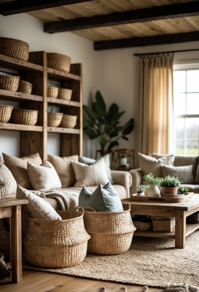 A cozy living room with natural fiber baskets used for storage placed on wooden shelves and the floor, surrounded by rustic furniture and soft lighting.