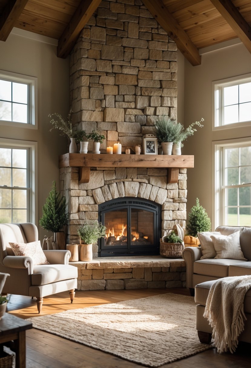 A cozy living room with a large stone fireplace, wooden mantel, comfortable seating, and warm natural light.