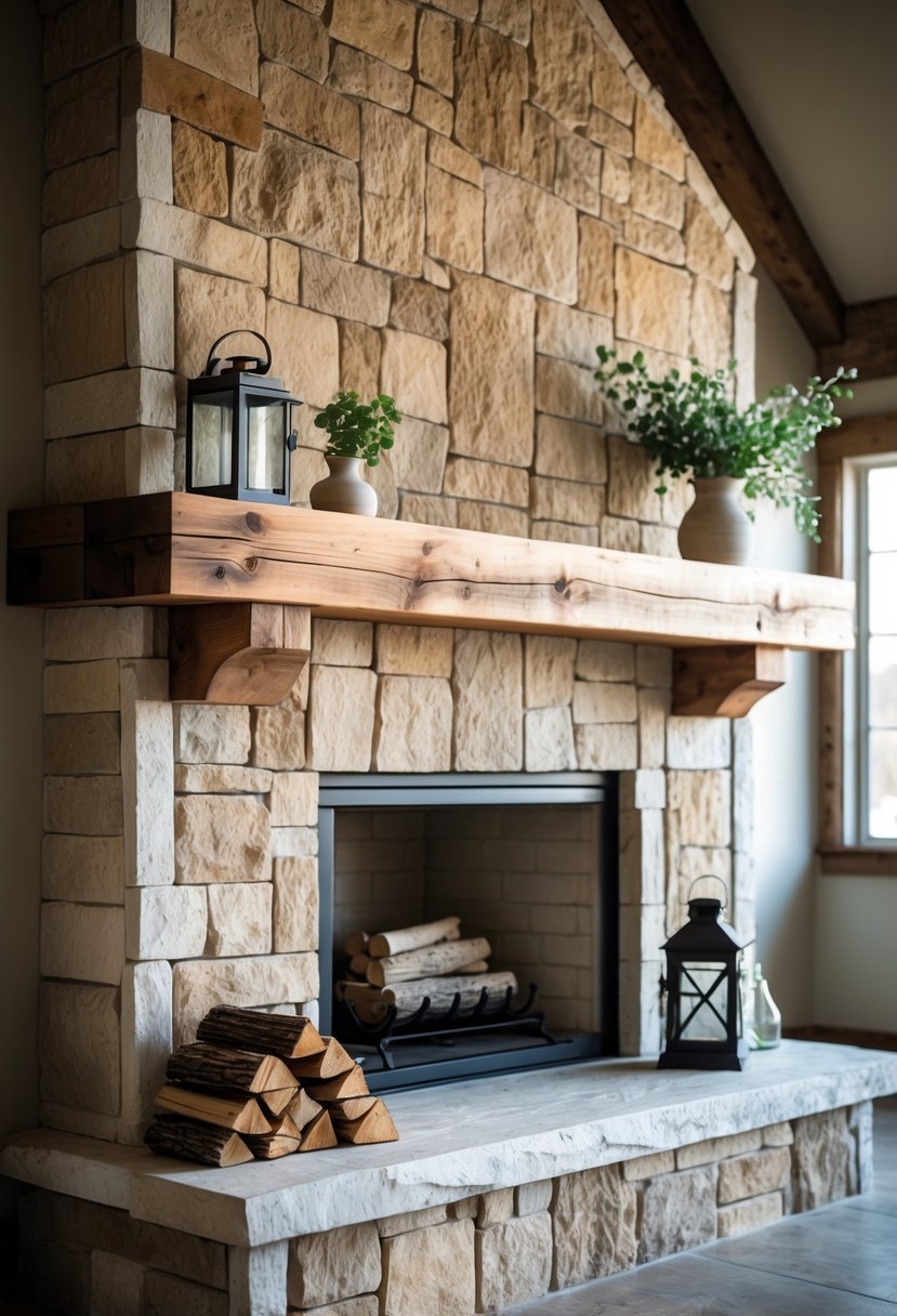 A stone fireplace with a wooden mantel, decorated with firewood and a small vase, in a warmly lit room.