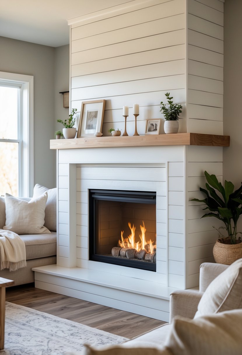 A living room with a white wooden paneled fireplace surrounded by cozy furniture and warm lighting.