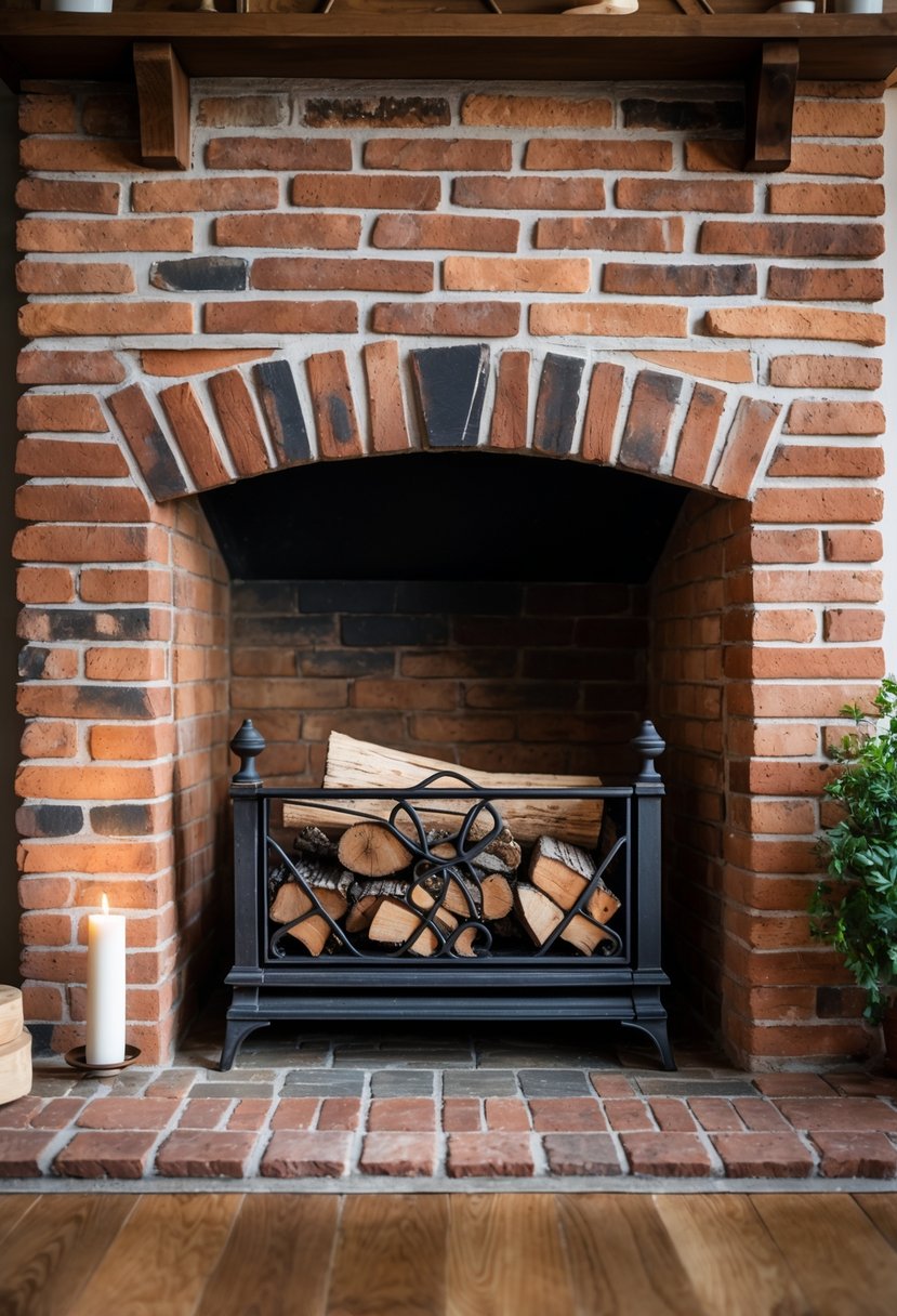 An exposed brick fireplace with an iron grate holding firewood in a cozy indoor setting.