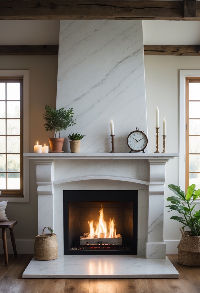 A cozy living room with a white marble mantel fireplace, a warm fire burning, and simple decorations on the mantel.