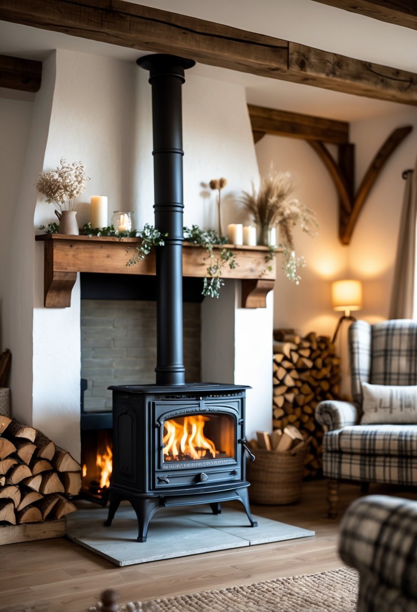 A freestanding cast iron wood stove in a farmhouse living room with a rustic fireplace, wooden mantel, and cozy furniture.