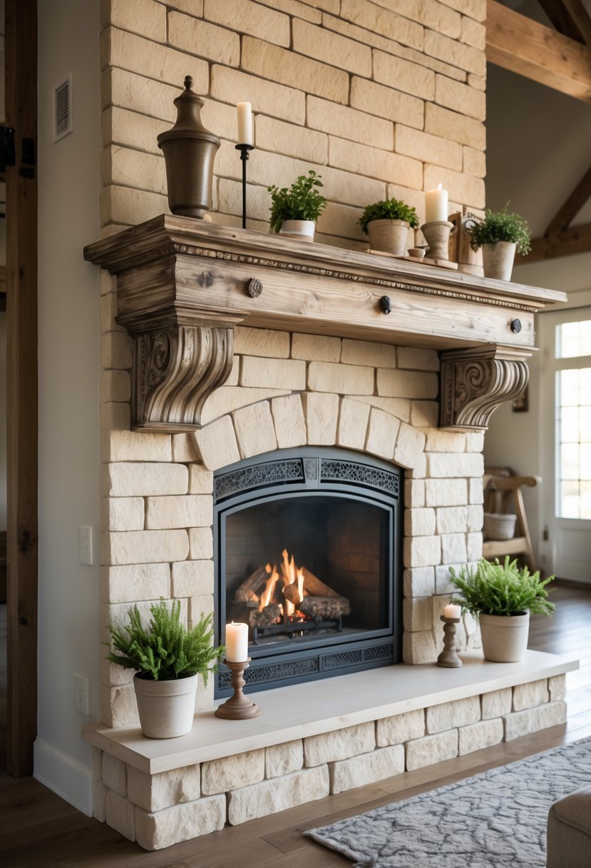 A cozy living room with a fireplace featuring a wooden mantel supported by decorative corbels and a stone surround.