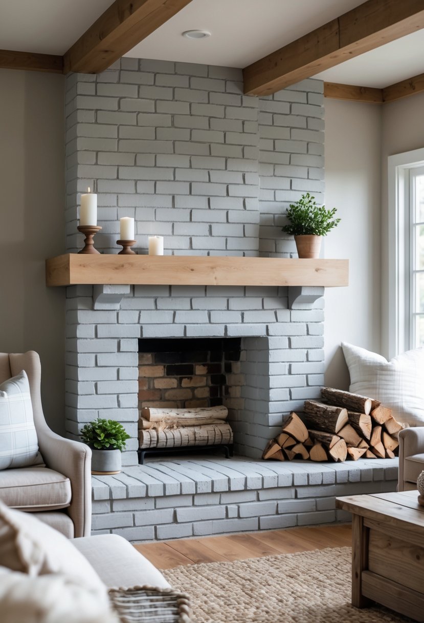 A living room with a painted gray brick fireplace, a wooden mantel, and cozy decorations including candles and a potted plant.