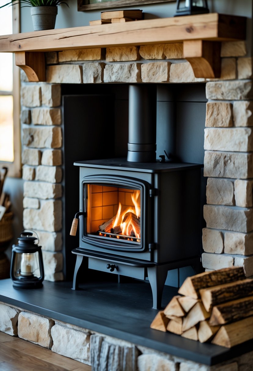 A black wood stove insert inside a stone farmhouse fireplace with firewood stacked nearby.