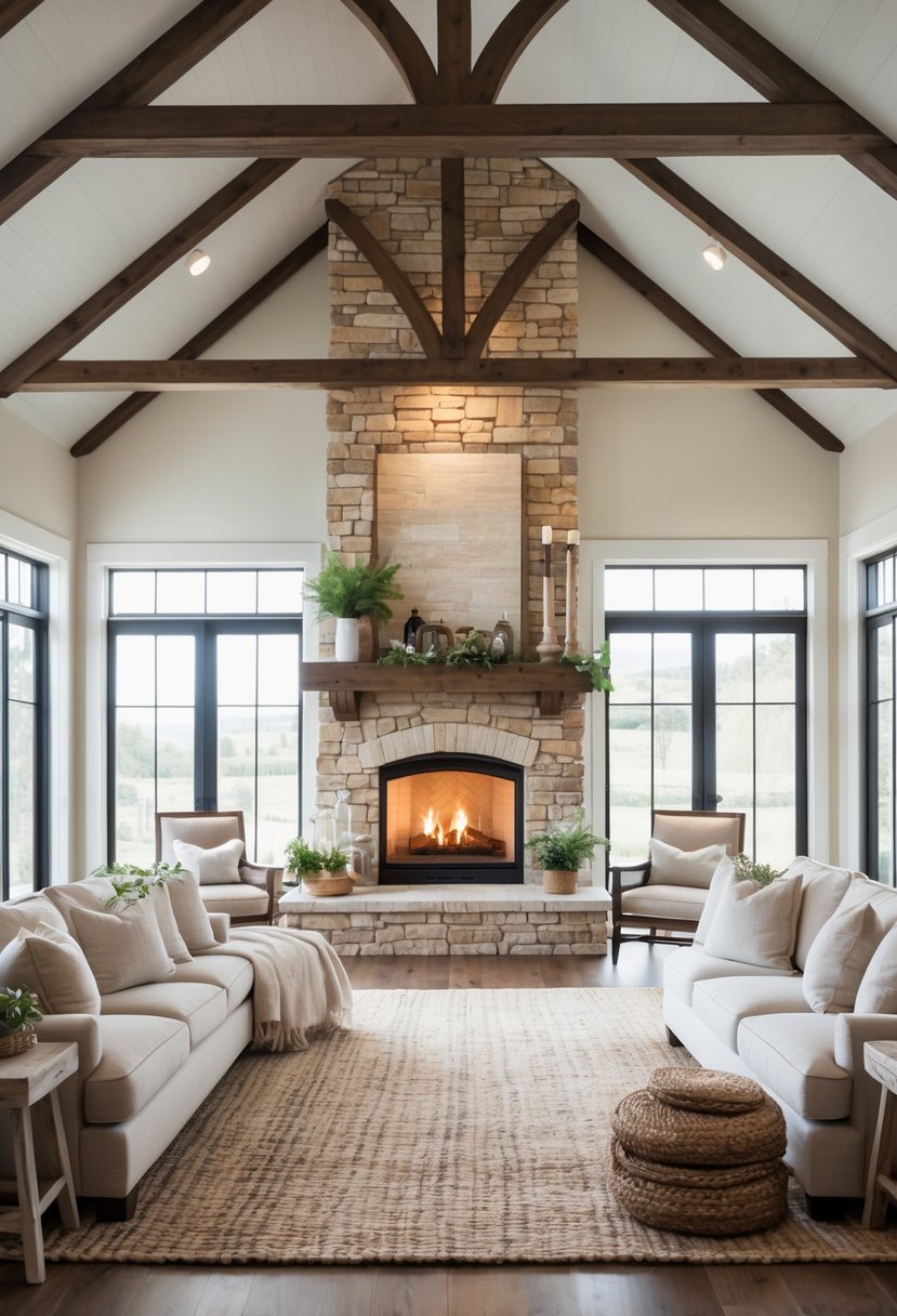 Open living area with a double-sided stone fireplace dividing two seating spaces, featuring comfortable furniture and natural light.