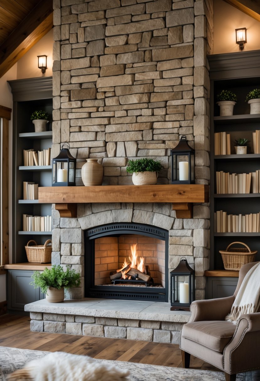 A large fireplace with built-in shelves filled with books and decorations in a cozy living room.