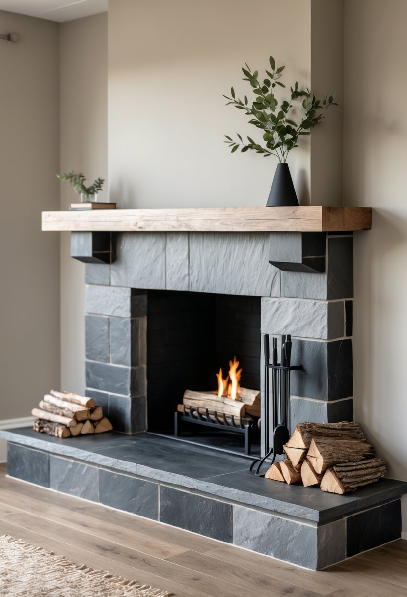 A farmhouse fireplace with a slate surround and simple decor, including firewood and a vase on the mantel.