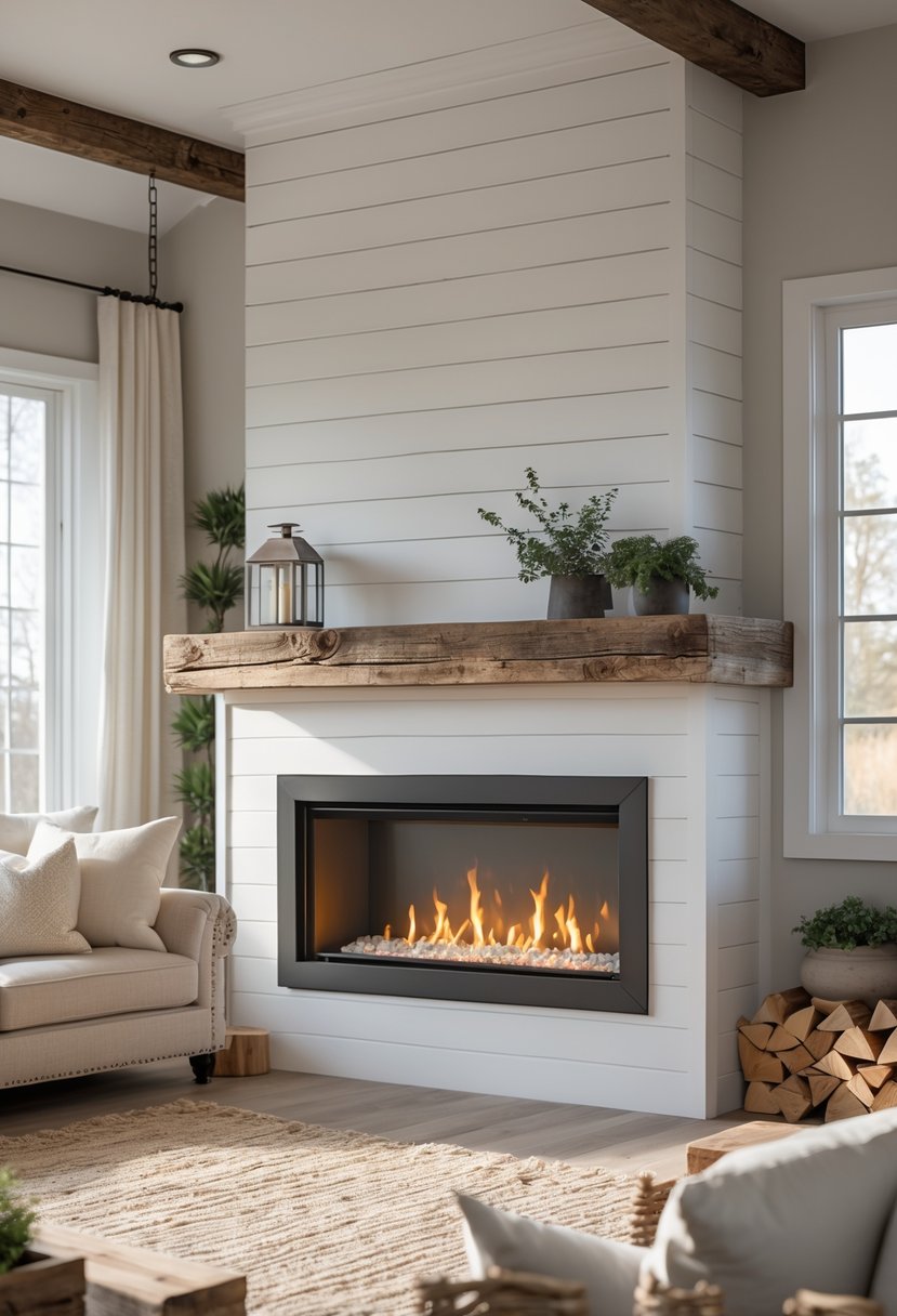 A living room with a linear gas fireplace built into a white wall, surrounded by cozy furniture and natural light.