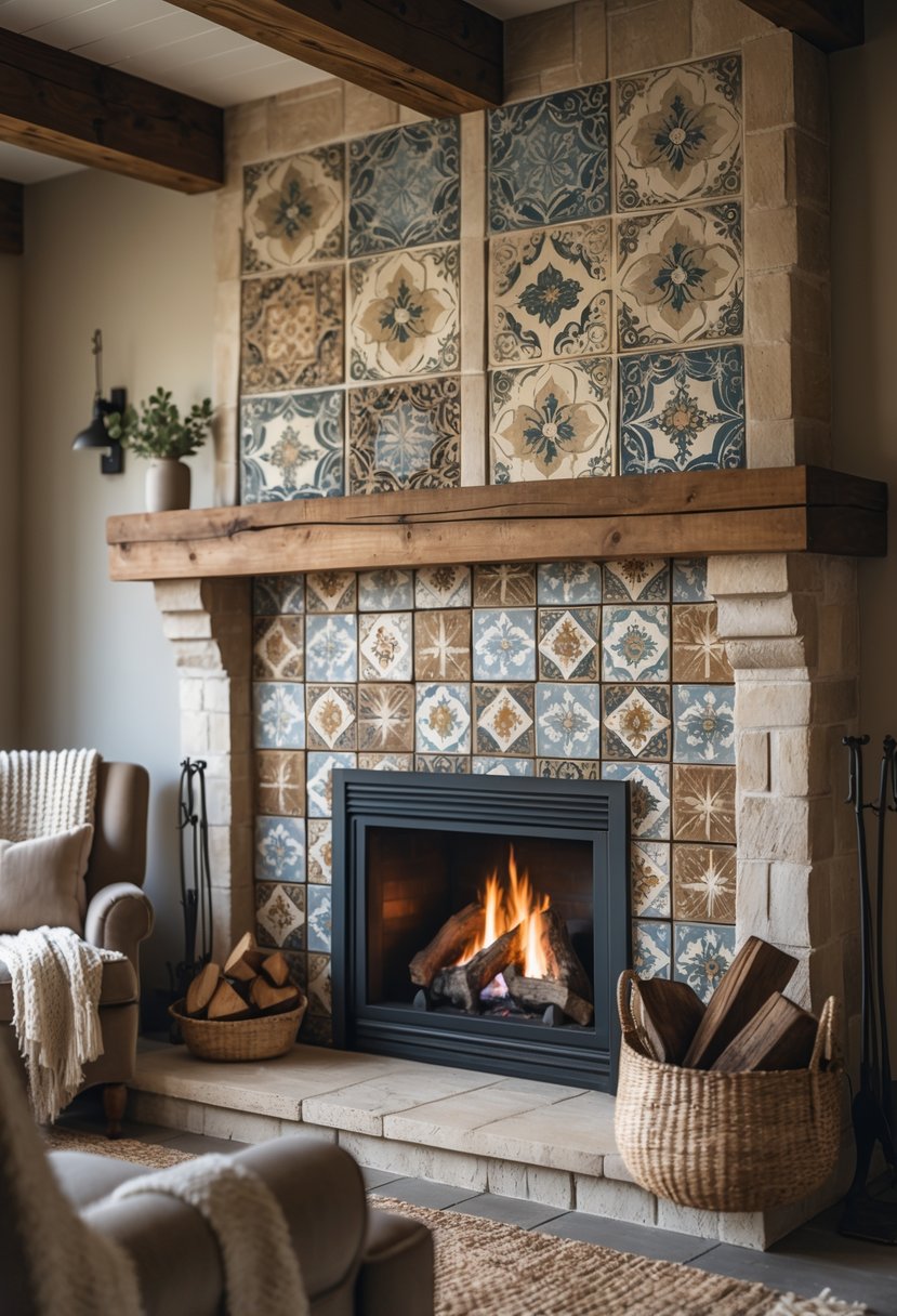 A fireplace with a vintage patterned tile surround in a cozy living room setting.
