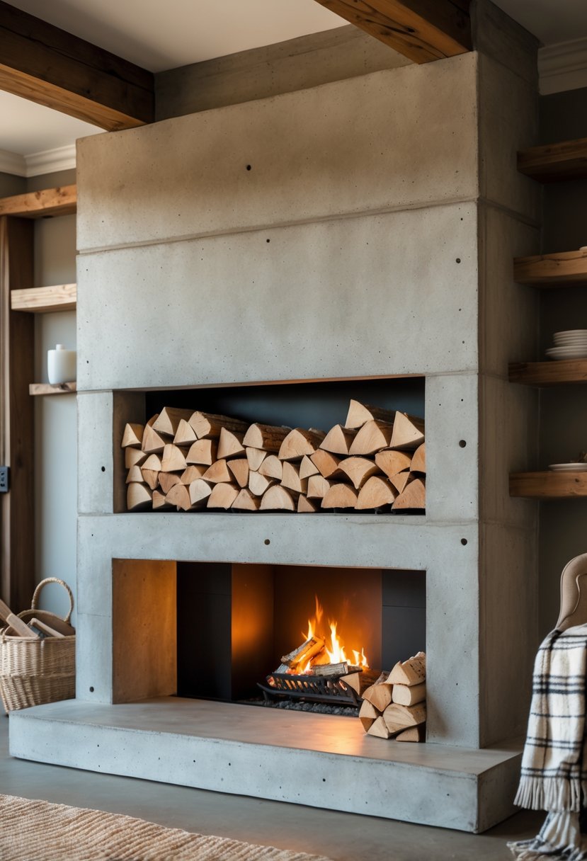 A concrete fireplace with built-in wood storage filled with firewood and a fire burning inside, surrounded by cozy home furnishings.