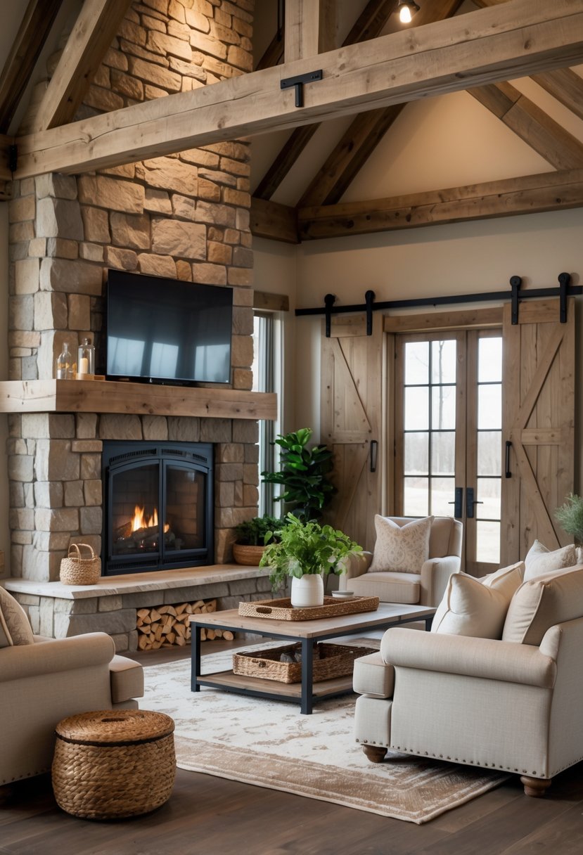A living room with a stone fireplace partially covered by a sliding wooden barn door, surrounded by comfortable furniture and plants.