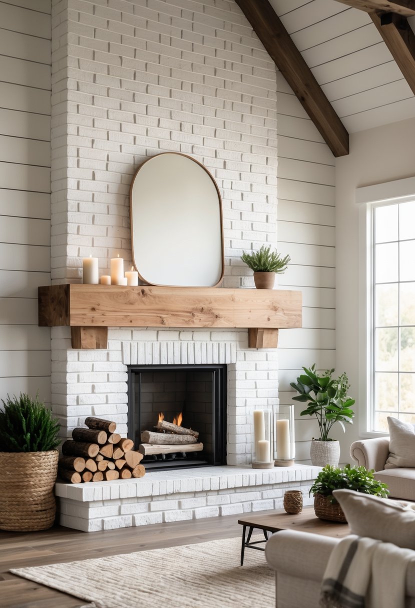 A living room with a white brick fireplace, wooden mantel, cozy seating, and warm natural light.