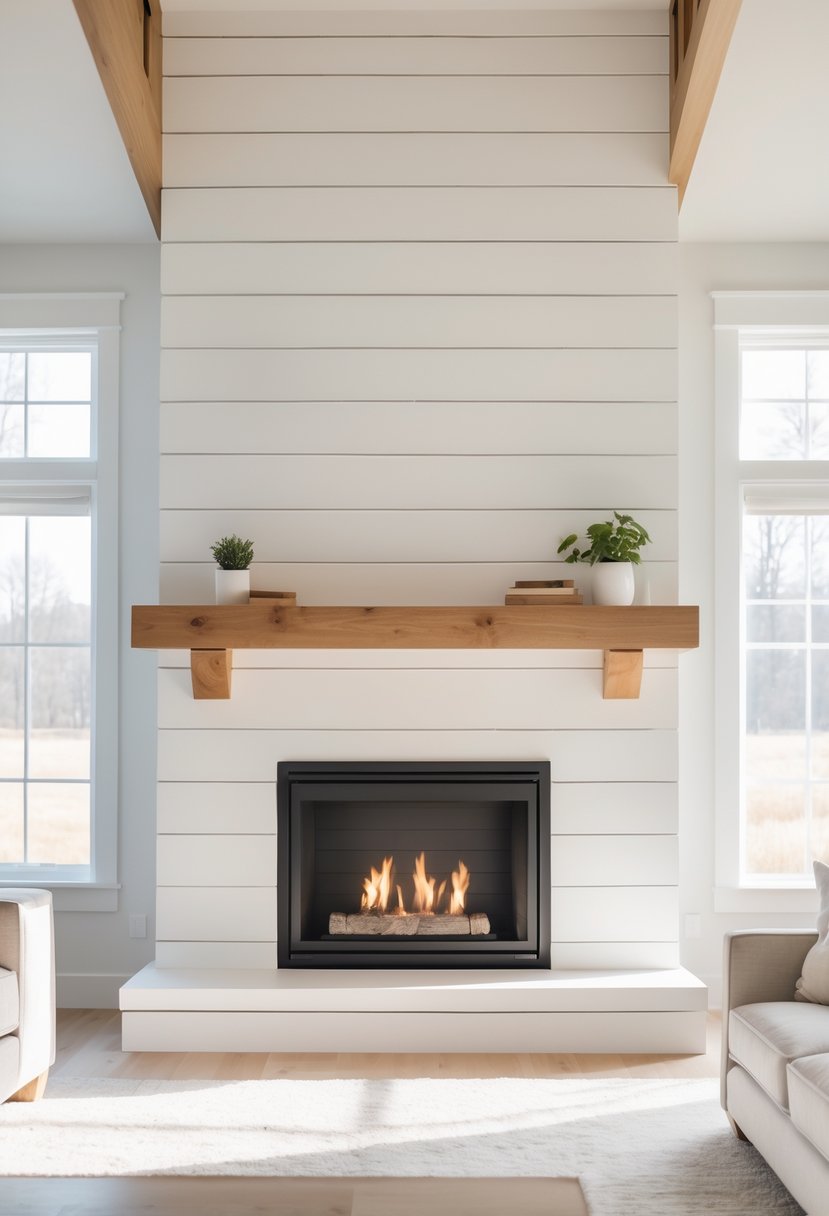 A fireplace with a white shiplap surround in a bright living room with natural light and simple decor.