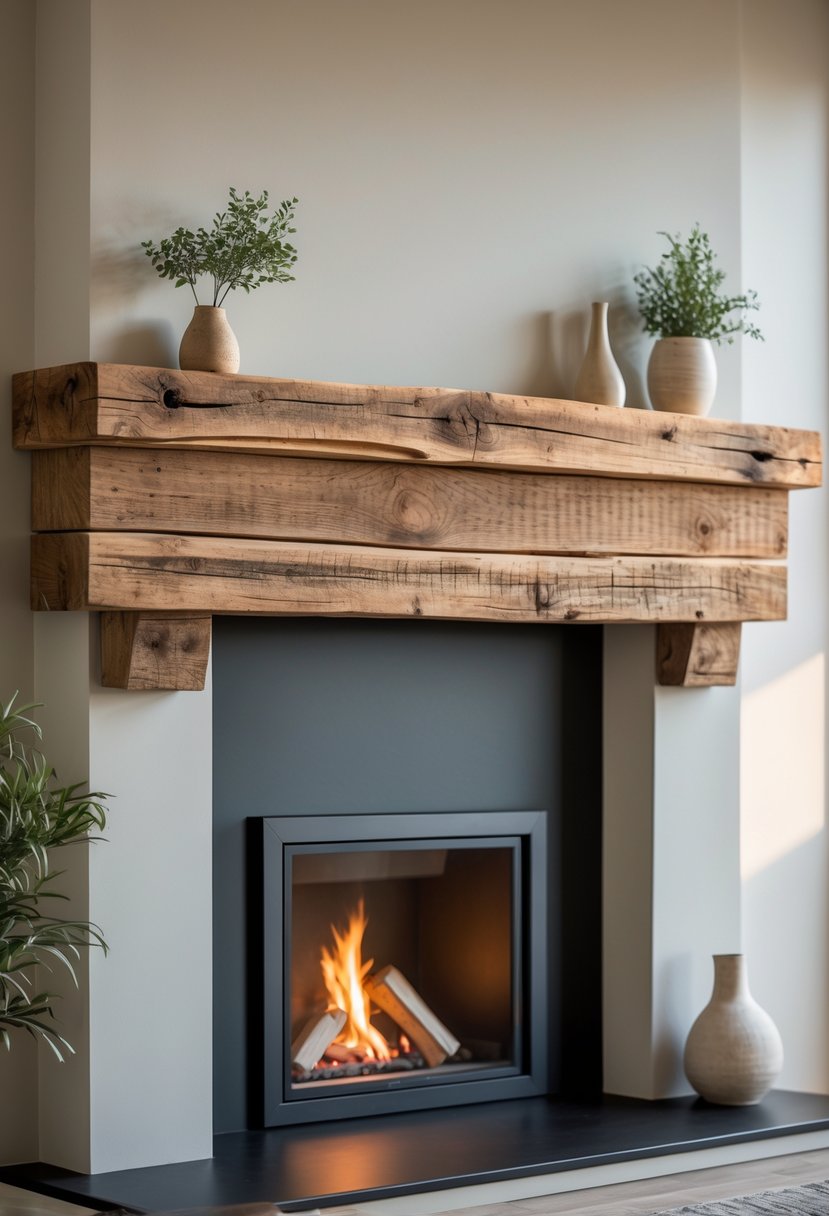 A fireplace with a rustic wooden mantel and a fire burning inside.