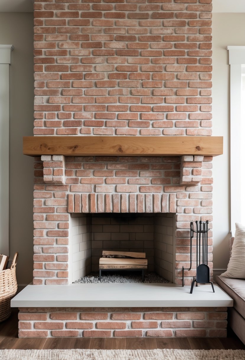 A clean, empty fireplace with an exposed brick hearth in a cozy living room.