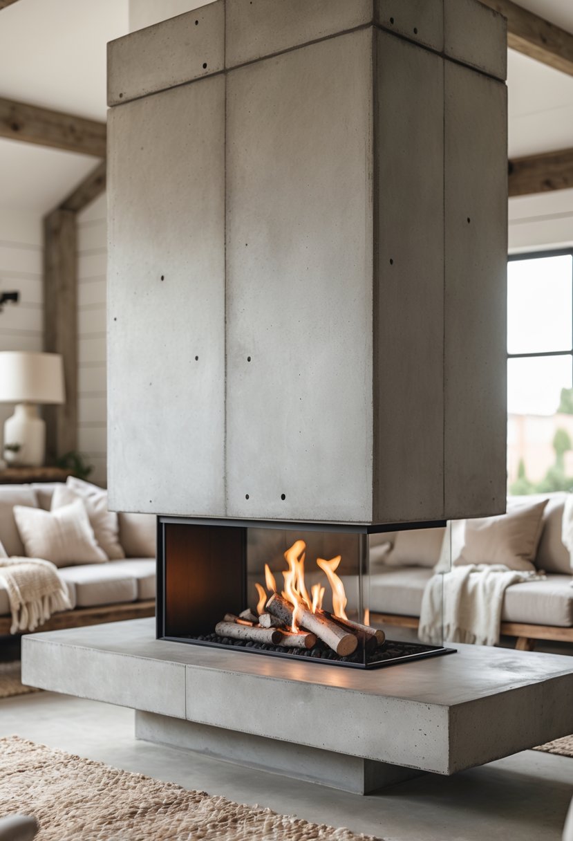 A concrete fireplace with a burning fire in a cozy living room with neutral furniture and wooden accents.