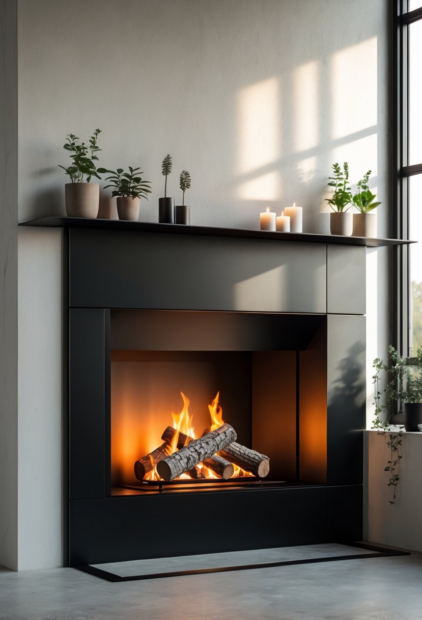 A modern fireplace with a black metal frame and glowing flames inside, surrounded by a simple mantel with plants and candles.