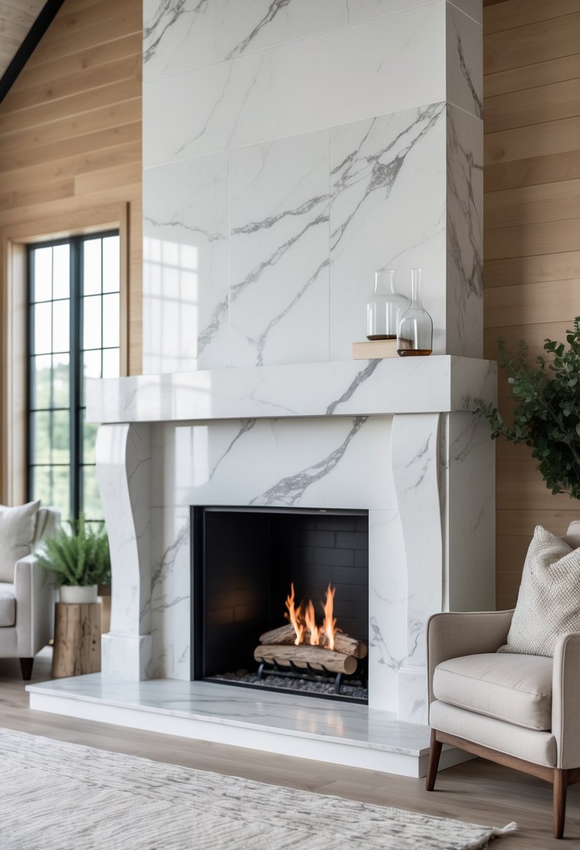 A living room with a marble fireplace mantel surrounded by light wooden walls and cozy furniture.
